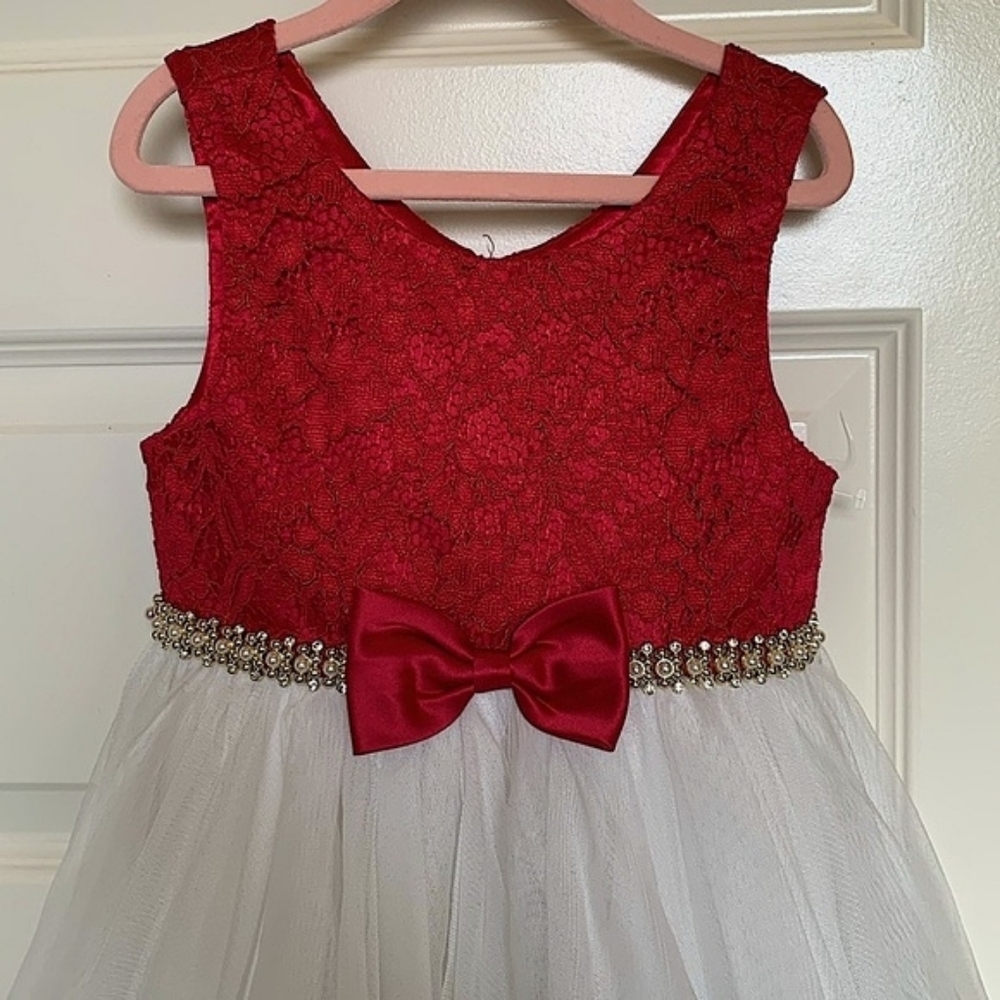American Princess Girls 5T White Lace Red Tie Back Dress - Picture 2 of 3